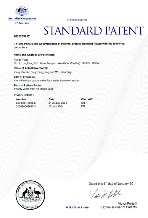 Australian Patent Certificate
